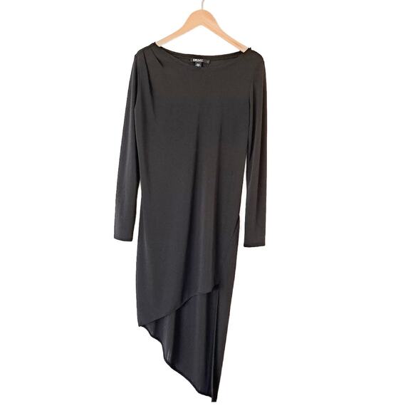 DKNY Black Asymmetric Jersey Dress Size Small Long Sleeve Mini to Midi - Picture 7 of 9